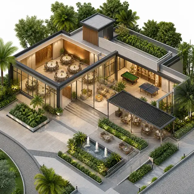 Modern Spaaces Chikkadunnasandra clubhouse setting with party hall, indoor games lounge and shaded terrace