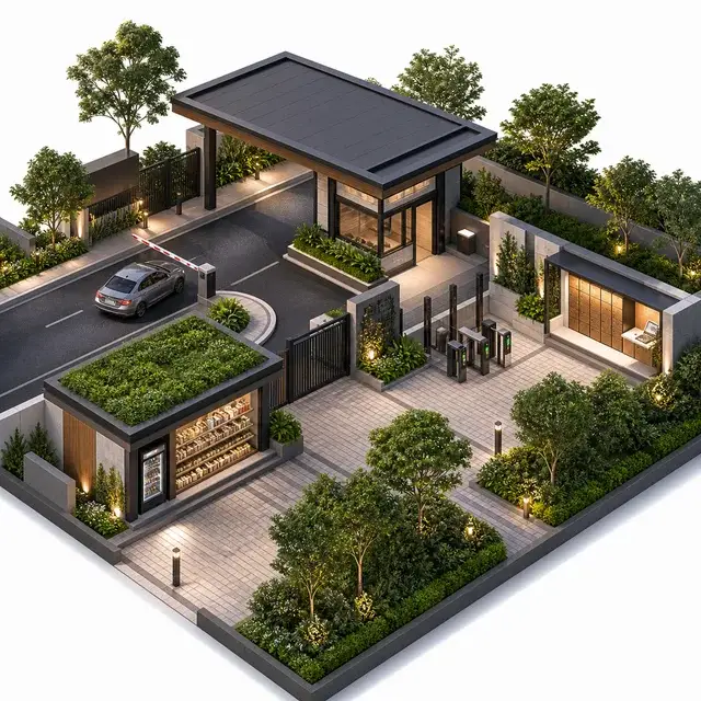 Staffed entrance pavilion, convenience kiosk, parcel area and pedestrian access-control setting