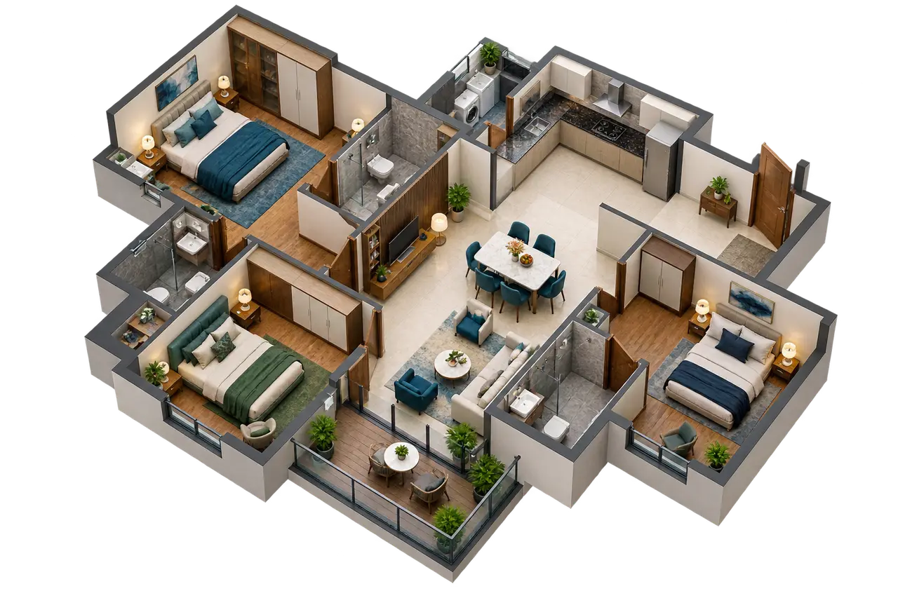 Furnished three-bedroom apartment floor-plan reference with living, dining and kitchen spaces