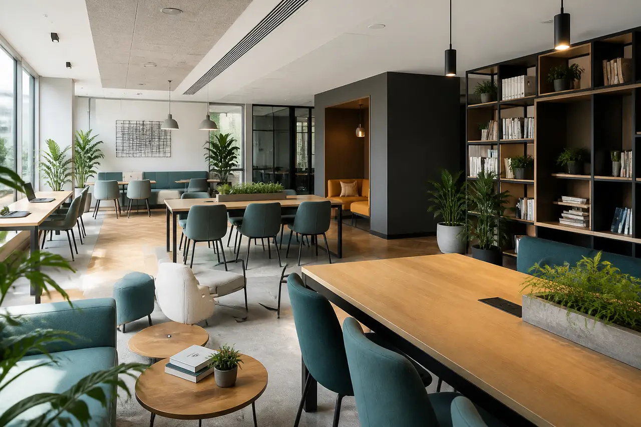 Bright residents lounge and co-working room with tables, shelving and plants