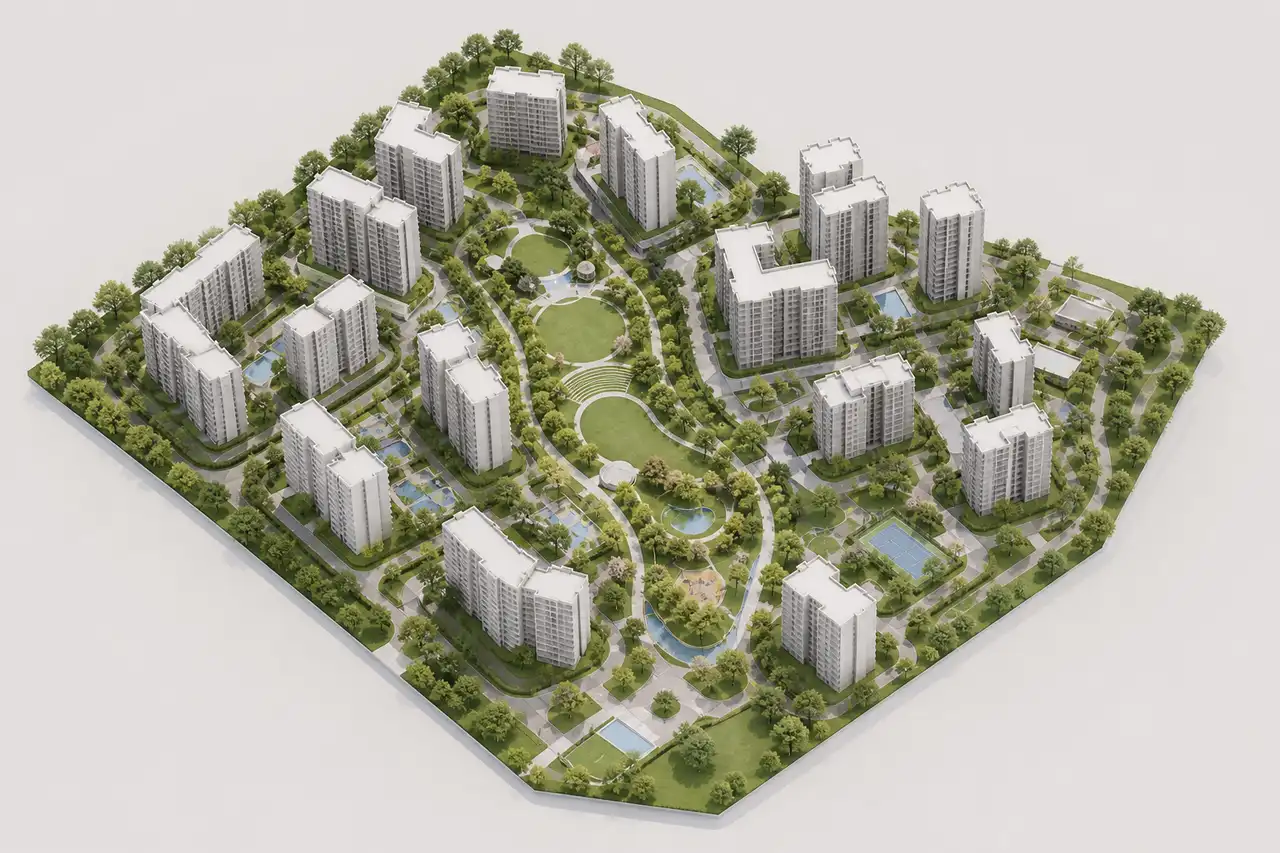 Generic isometric residential planning concept with apartment buildings around a landscaped central green Generic isometric residential planning concept with apartment buildings around a landscaped central green